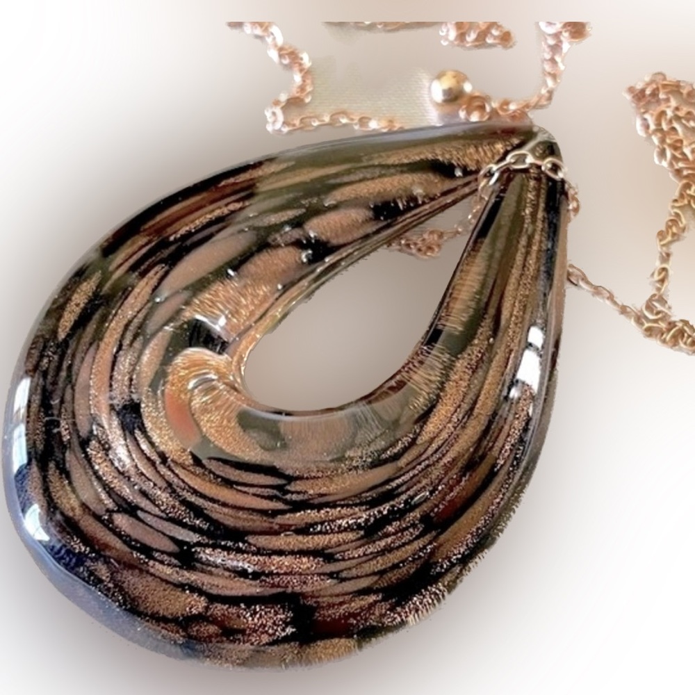Vintage Boho Black Rose Gold Glass Pendant & Rose Goldtone Chain Necklace
